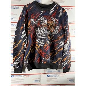 Zara AOP Tiger Sweatshirt Adult MED Textured Cotton Crewneck Blue Orange